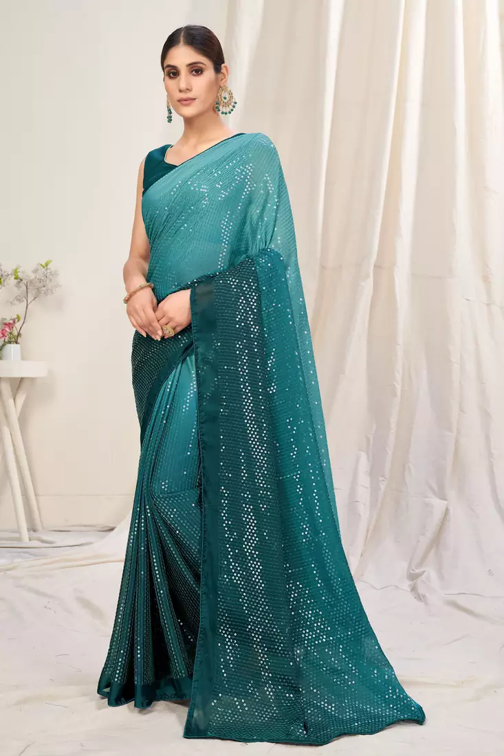 Turquoise plain chiffon saree with blouse