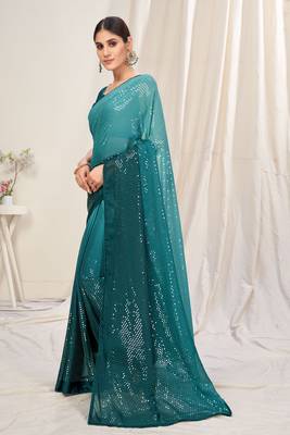 Turquoise plain chiffon saree with blouse 2