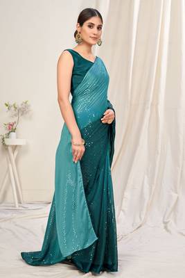 Turquoise plain chiffon saree with blouse 3