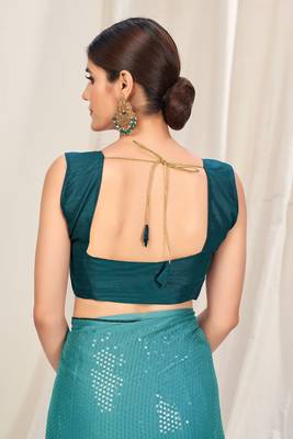 Turquoise plain chiffon saree with blouse 5