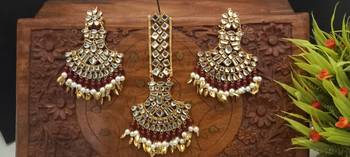 Copper Base Very Light Weight Handmade Kundan Gold Plated Earring Maangtika Combo Set Jewellery 1