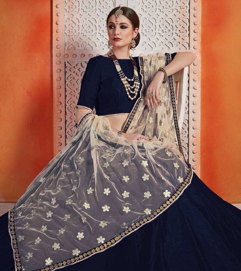 Navy Blue Zari Embroidered Art Silk Semi stitched Party Wear Lehenga