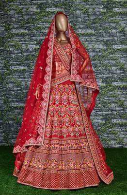 Red Thread Embroidered Mulberry Silk Semi Stitched Bridal Lehenga 4