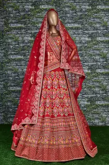 Red Thread Embroidered Mulberry Silk Semi Stitched Bridal Lehenga