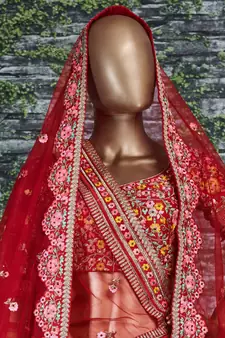 Red Thread Embroidered Mulberry Silk Semi Stitched Bridal Lehenga