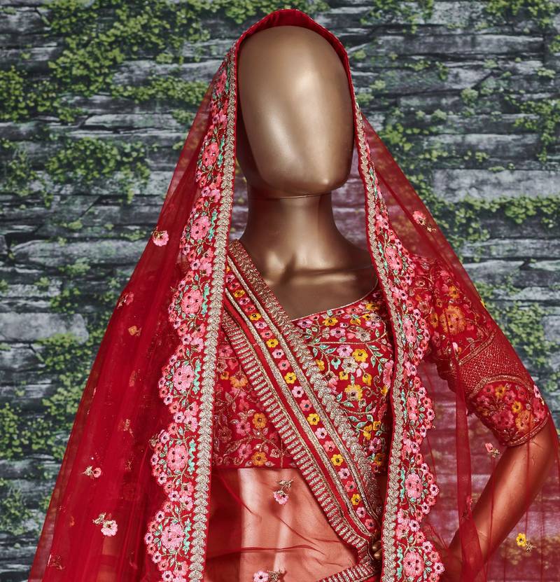 Red Thread Embroidered Mulberry Silk Semi Stitched Bridal Lehenga