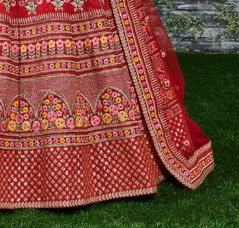Red Thread Embroidered Mulberry Silk Semi Stitched Bridal Lehenga 6