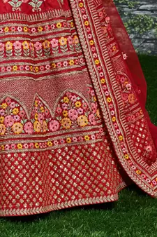 Red Thread Embroidered Mulberry Silk Semi Stitched Bridal Lehenga