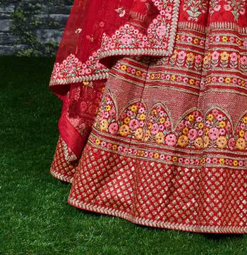 Red Thread Embroidered Mulberry Silk Semi Stitched Bridal Lehenga 7