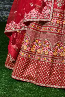 Red Thread Embroidered Mulberry Silk Semi Stitched Bridal Lehenga