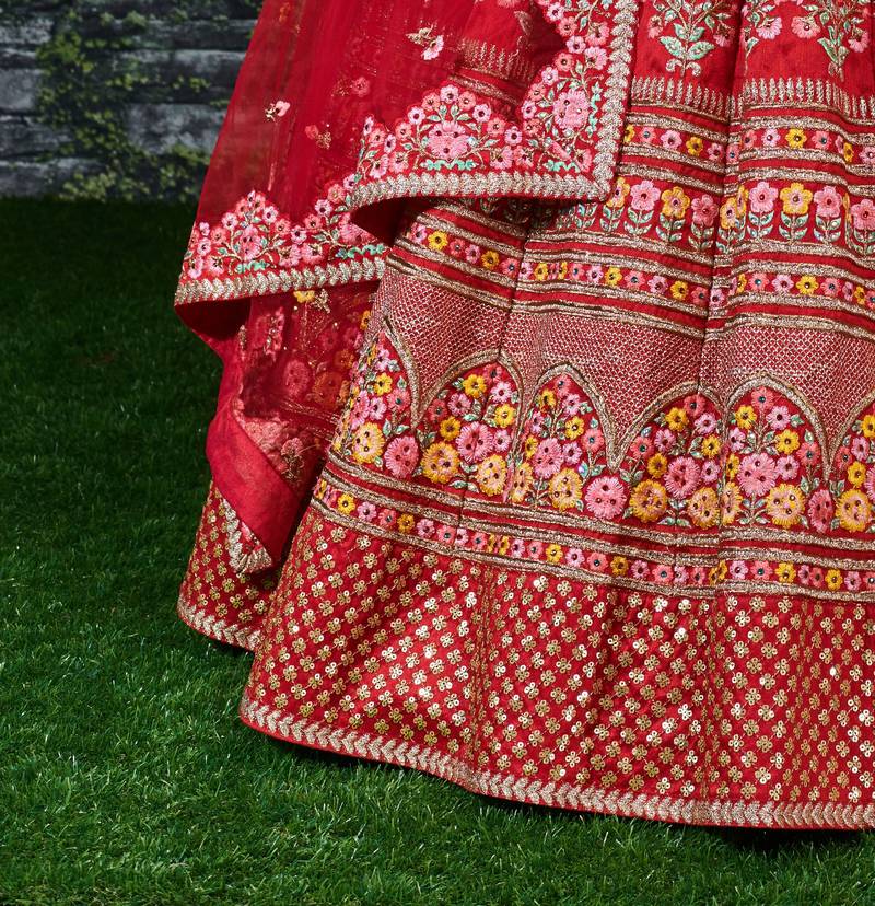 Red Thread Embroidered Mulberry Silk Semi Stitched Bridal Lehenga