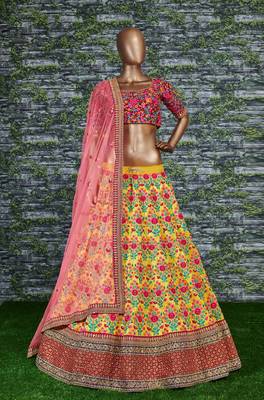Yellow Thread Dori Zari And Sequins Embroidered With Stonework Mulberry Silk Semi Stitched Lehenga Choli For Bride 7