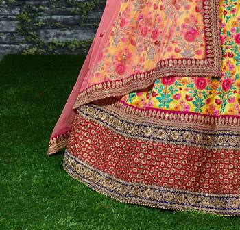 Yellow Thread Dori Zari And Sequins Embroidered With Stonework Mulberry Silk Semi Stitched Lehenga Choli For Bride 9