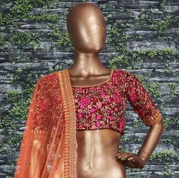 Navy Blue Thread Dori Zari & Sequins Embroidered With Stonework Mulberry Silk Semi Stitched Lehenga Choli For Wedding 6