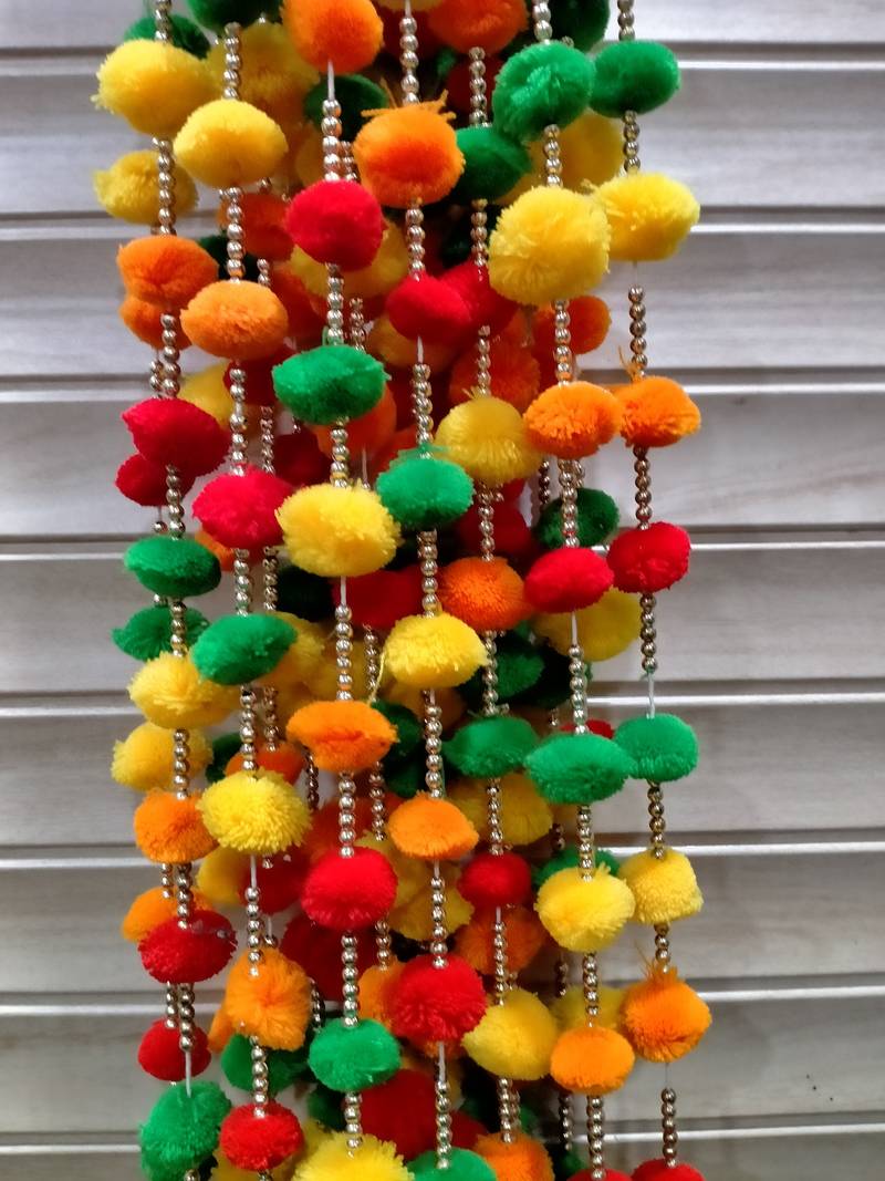 Pack of Woolen Pom Pom Garlands with Bell  diwali  christmas  new year Party Decor  Photo Prop  Indian