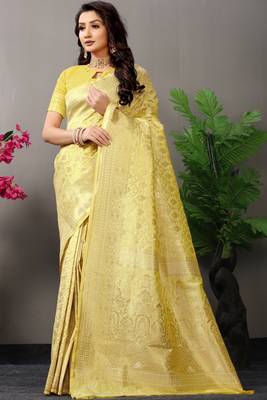 Light yellow woven Faux kanchipuram silk saree with blouse 1