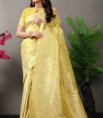 Light yellow woven Faux kanchipuram silk saree with blouse