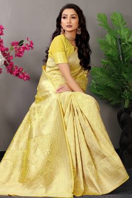 Light yellow woven Faux kanchipuram silk saree with blouse 2