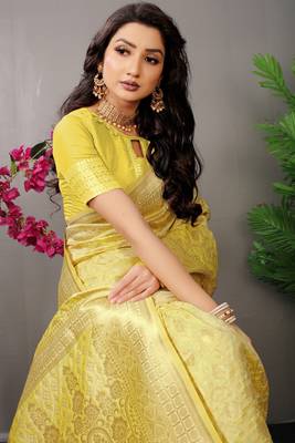 Light yellow woven Faux kanchipuram silk saree with blouse 3
