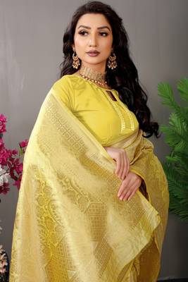 Light yellow woven Faux kanchipuram silk saree with blouse 4