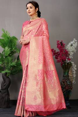 Light pink woven Faux kanchipuram silk saree with blouse 1