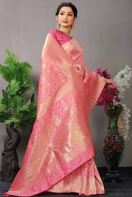 Light pink woven Faux kanchipuram silk saree with blouse 2