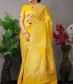 Yellow woven Faux kanchipuram silk saree with blouse