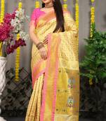 Light yellow woven Faux kanchipuram silk saree with blouse