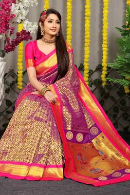 Purple woven Faux kanchipuram silk saree with blouse 2