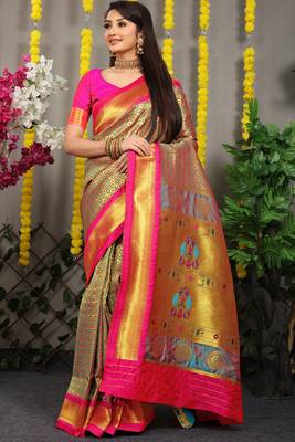 Green woven Faux kanchipuram silk saree with blouse 1