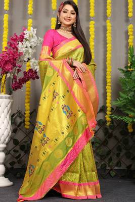 Green woven Faux kanchipuram silk saree with blouse 2
