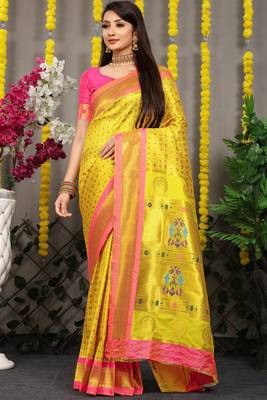 Yellow woven Faux kanchipuram silk saree with blouse 1