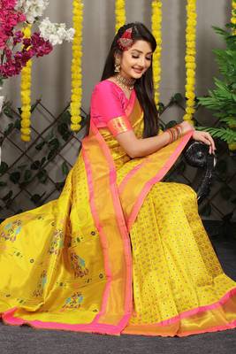 Yellow woven Faux kanchipuram silk saree with blouse 3