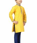 Yellow woven silk boys-kurta-pyjama