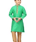 Green woven silk boys-kurta-pyjama