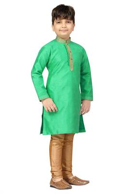 Green woven silk boys-kurta-pyjama 4