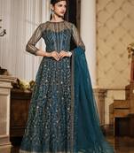 Teal-blue sequins net salwar