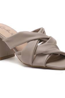 Knope Interwoven Straps Mid Heeled Sandals in Beige