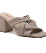 Knope Interwoven Straps Mid Heeled Sandals in Beige