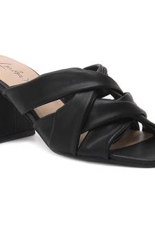 Knope Interwoven Straps Mid Heeled Sandals in Black