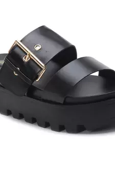 Metal Buckle Platform Sandals in Black