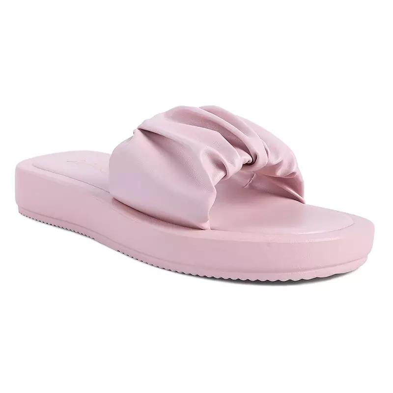 Pink Gathered Low Wedge Slides