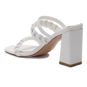 Woven Strap Casual Block Sandals in White 3