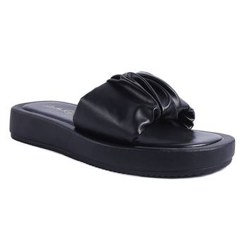 Black Gathered Low Wedge Slides 1