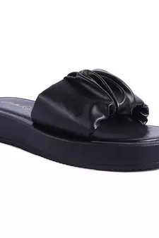 Black Gathered Low Wedge Slides