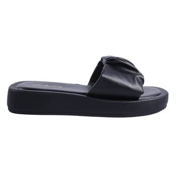Black Gathered Low Wedge Slides 2