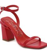 Red Square Toe Block Heeled Sandal