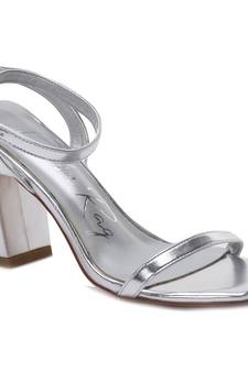 Silver Square Toe Block Heeled Sandal