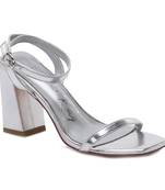 Silver Square Toe Block Heeled Sandal