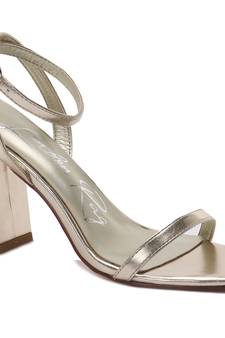 Gold Square Toe Block Heeled Sandal